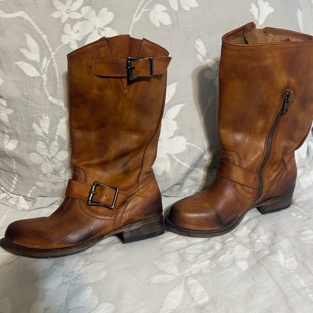 Freebird by Steven Tan Leather Mid-Calf Moto Boots with Buckles